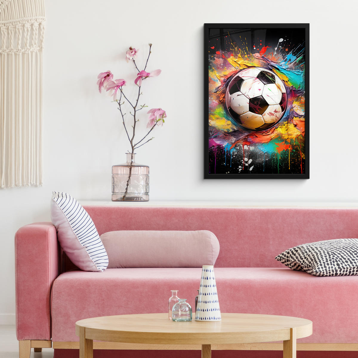 GERAHMTES BILD Fußball - Farbe - Farben - Schwarz - Weiß 40x60 cm - Weiß, Papier (40/60cm) - MuchoWow