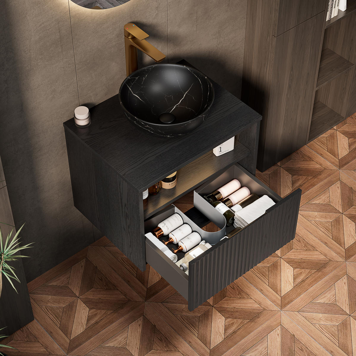 WASCHTISCHUNTERSCHRANK 60x46x60.8cm in Schwarz mit Sensor-LED, Soft-Close & Massivholzfront - Schwarz, Keramik (60/60.8/46cm) - Modfu