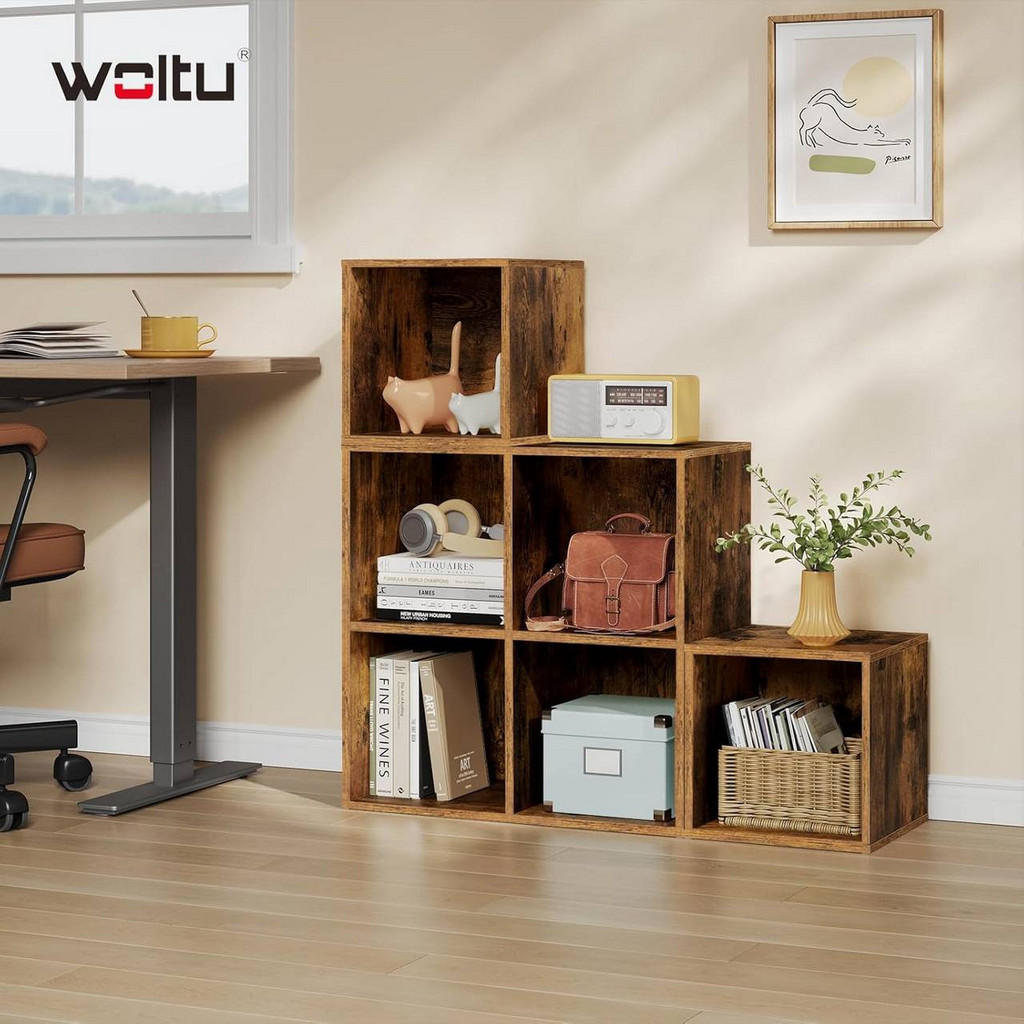 Thumbnail - Woltu Regal, Dunkelbraun, Holzwerkstoff, 6 Fächer, Rechteckig, 90x90x30 cm, Wohnzimmer, ,