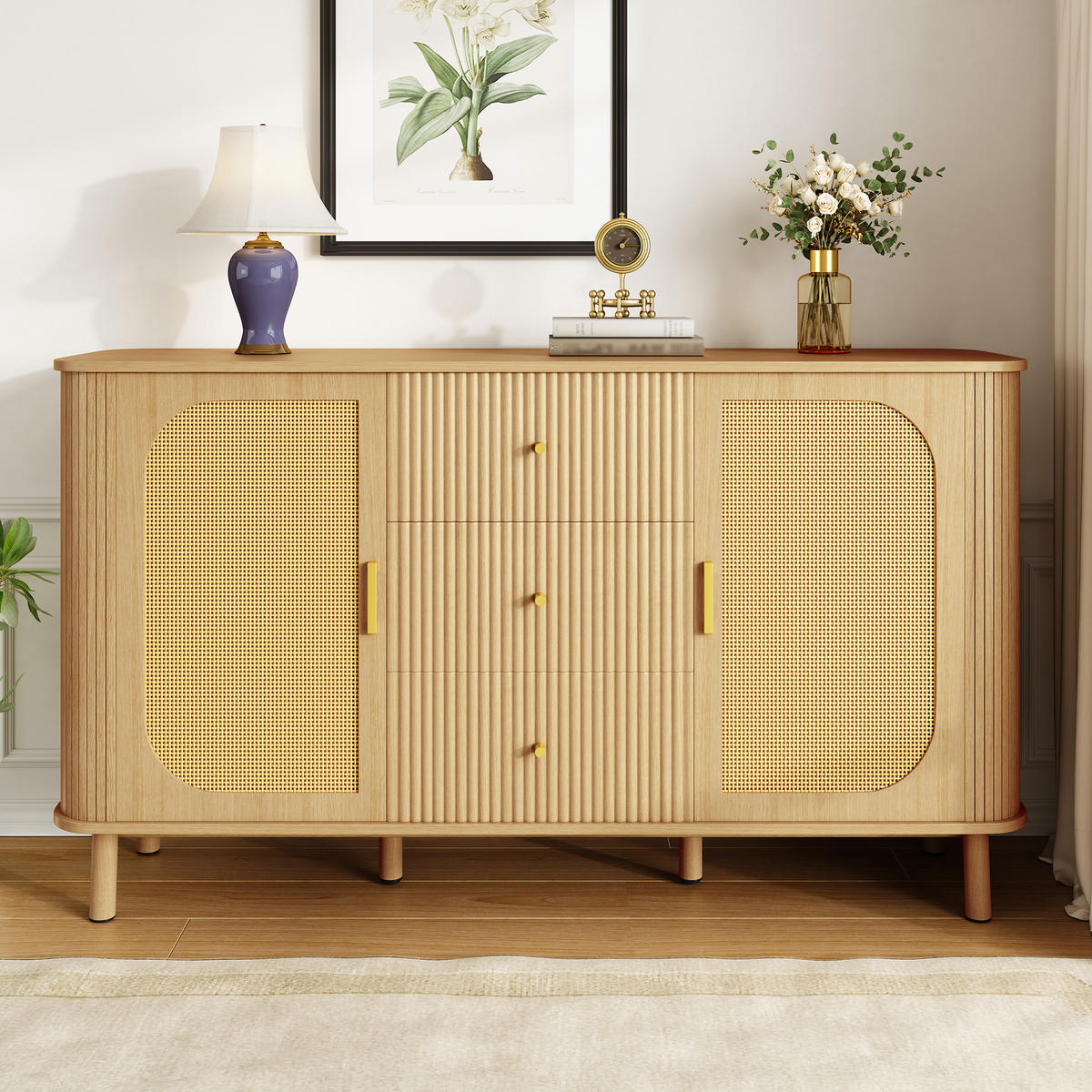 SIDEBOARD in Natur mit Rattan-Türen und gewellten Schubladen, MDF, Metallbeine mit Holzmaserung, 140/40/80 cm,Naturfarben - Naturfarben, Holzwerkstoff (140/80/40cm) - Redom