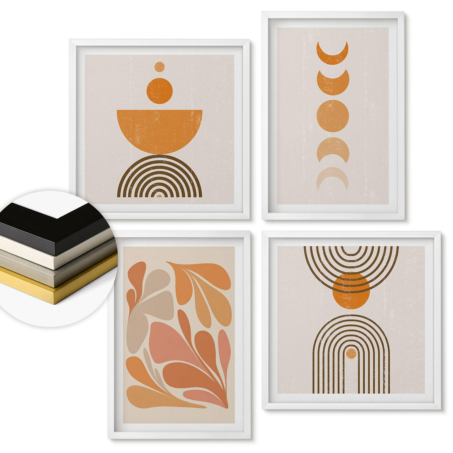 WANDBILDER 4er-Set - 50x50 cm & 40x60 cm Weißer Rahmen - Abstrakte orange Formen - Weiß, Kunststoff (50/50cm) - ArtPrintCave