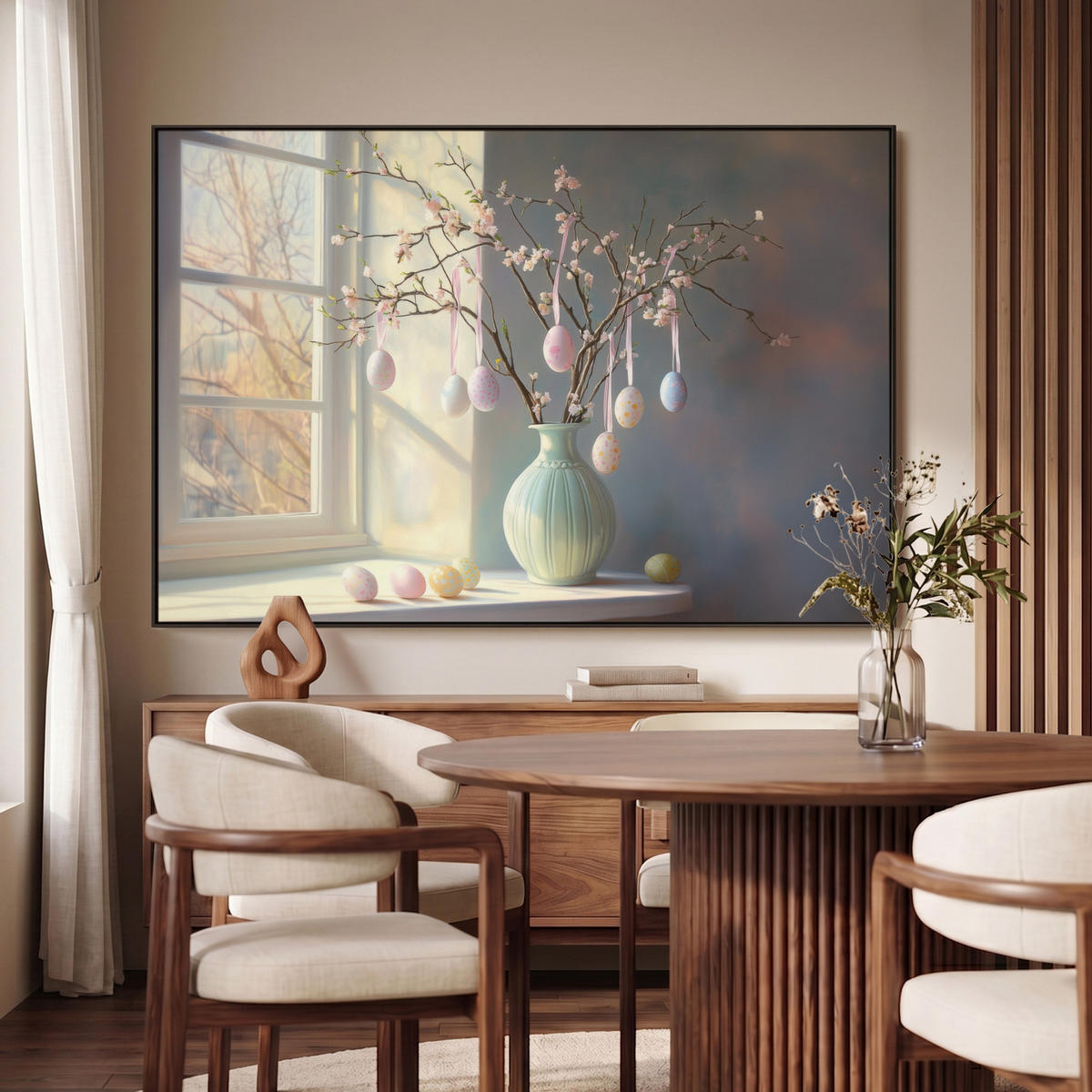 LEINWAND Bilder mit Rahmen - Stillleben - Vase - Osterzweig - 120x80 - Hellblau, Textil (120/80cm) - MuchoWow