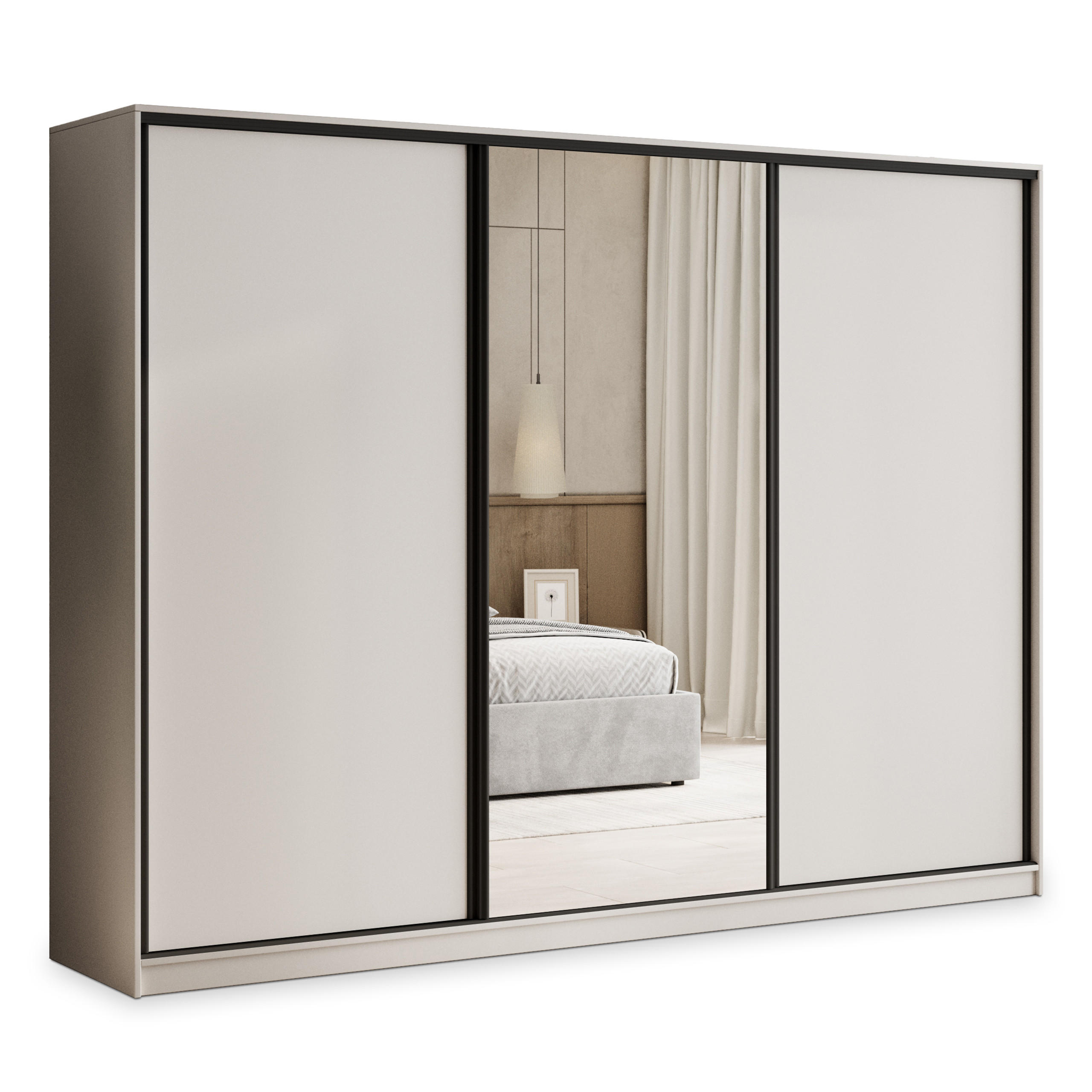 SCHWEBETÜRENSCHRANK TARI 270/205/58 cm 3-türig mit Spiegel und 4 Schubladen Kaschmir - Kaschmir, Holzwerkstoff (270/205/58cm) - MASSENO