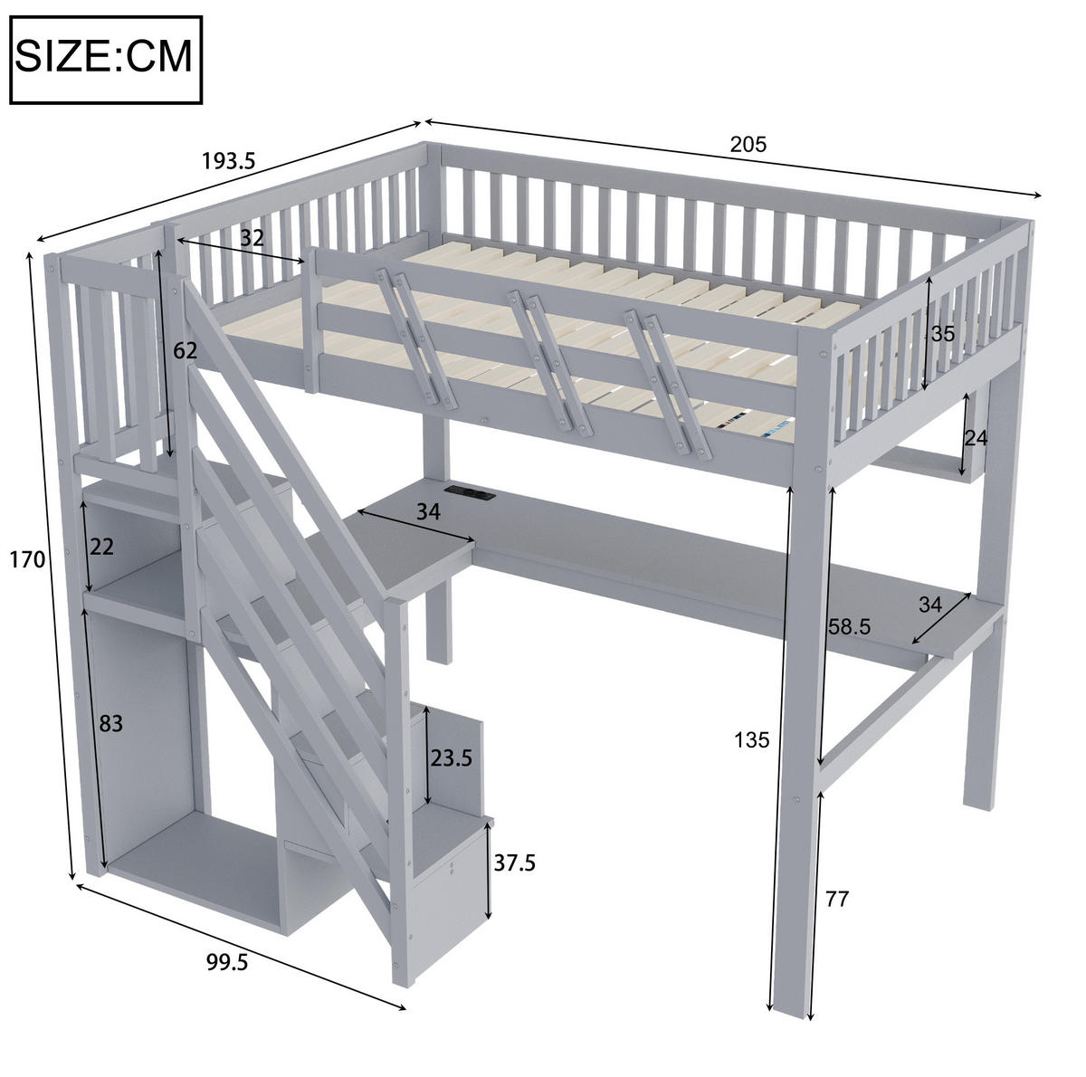 HOCHBETT Holz 140x200 cm Grau mit Schreibtisch, Aufbewahrungstreppe, LED und Steckdosen - Grau, Holz (140/200cm) - Modfu