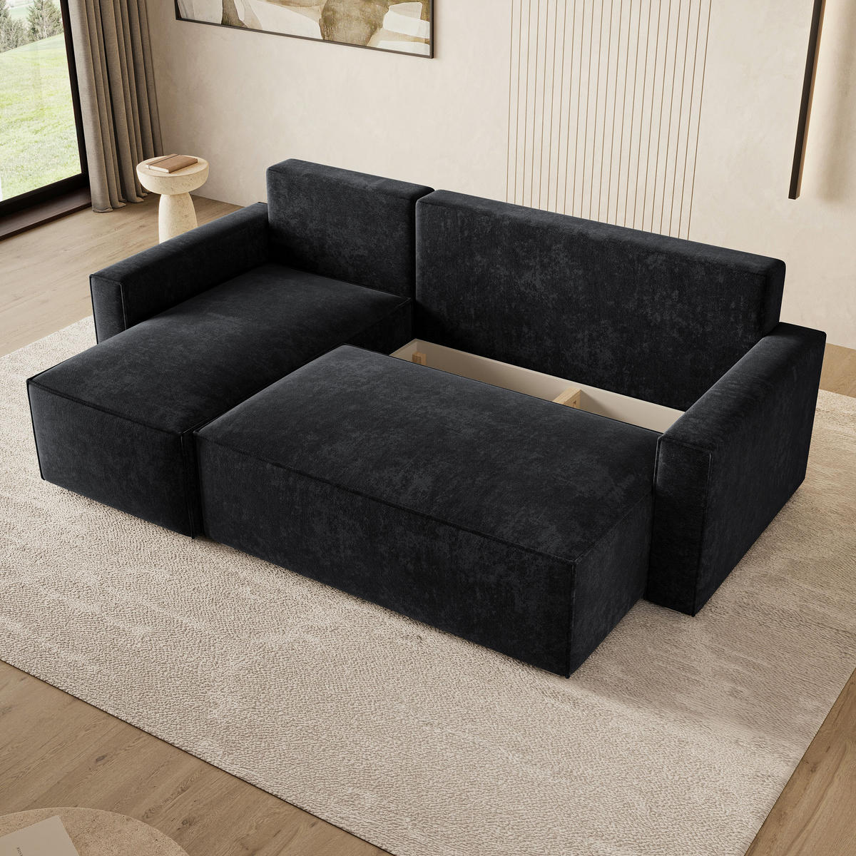 ECKSOFA POTARO LM Schwarz Chenille mit Schlaffunktion - Schwarz, Holzwerkstoff/Textil (232/140cm) - MASSENO
