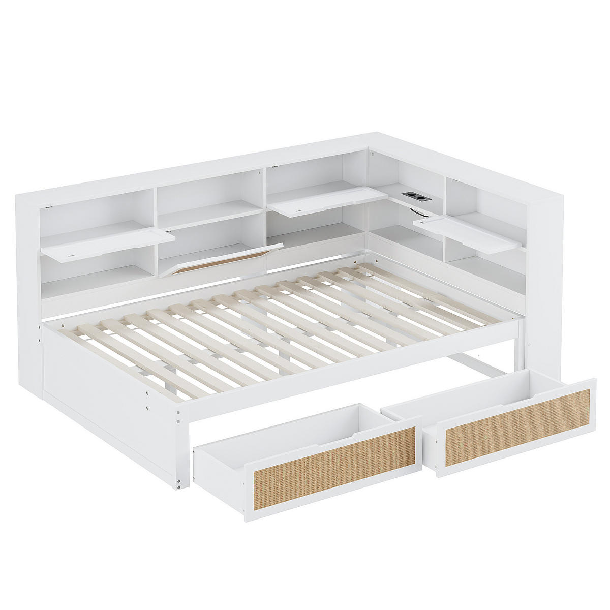 MULTIFUNKTIONSBETT 140/200 cm weiß aus MDF mit Stauraum und USB-Anschlüssen - Weiß, Holzwerkstoff (140/200cm) - OKWISH