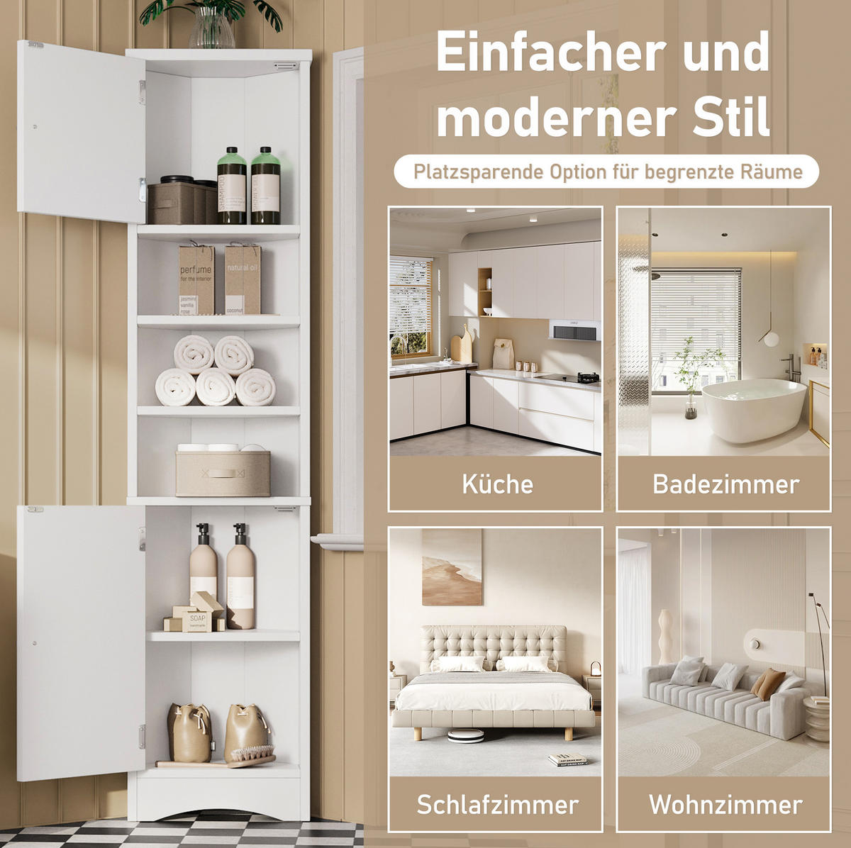 BADEZIMMERSCHRANK 36.5x24.5x170cm in Weiß, feuchtigkeitsbeständig mit 2 Türen - Weiß, Holzwerkstoff (24.5/170/36.5cm) - Modfu