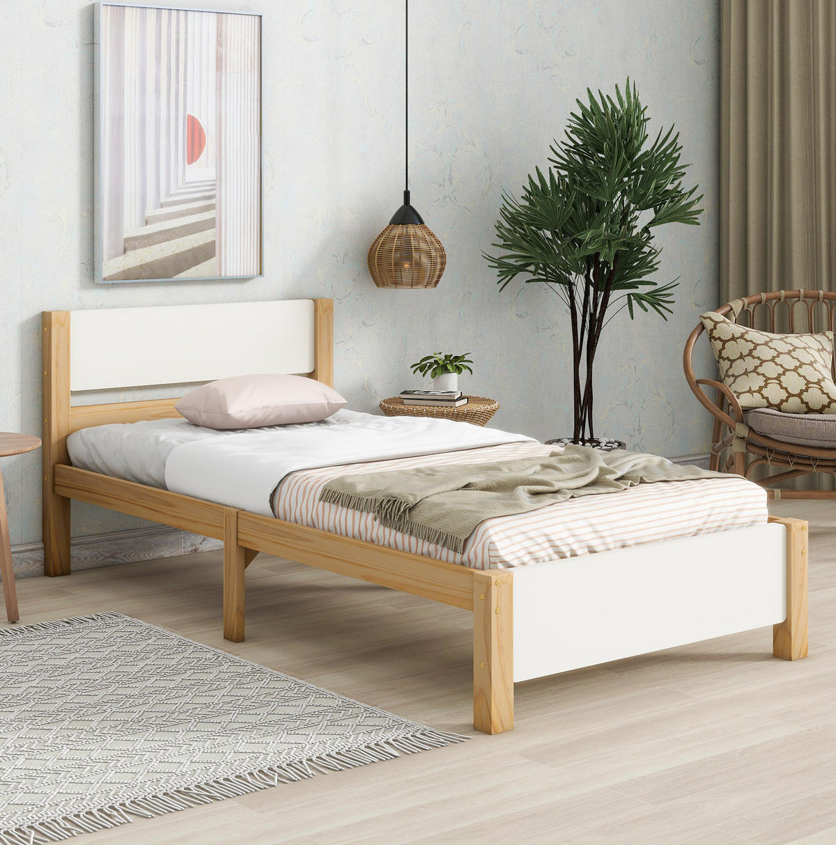 EINZELBETT 90/200 cm mit 15 Latten, Mittelfuß und Kiefernholzrahmen aus MDF, Weiß/Natur - Naturfarben, Holz (140/200cm) - Redom