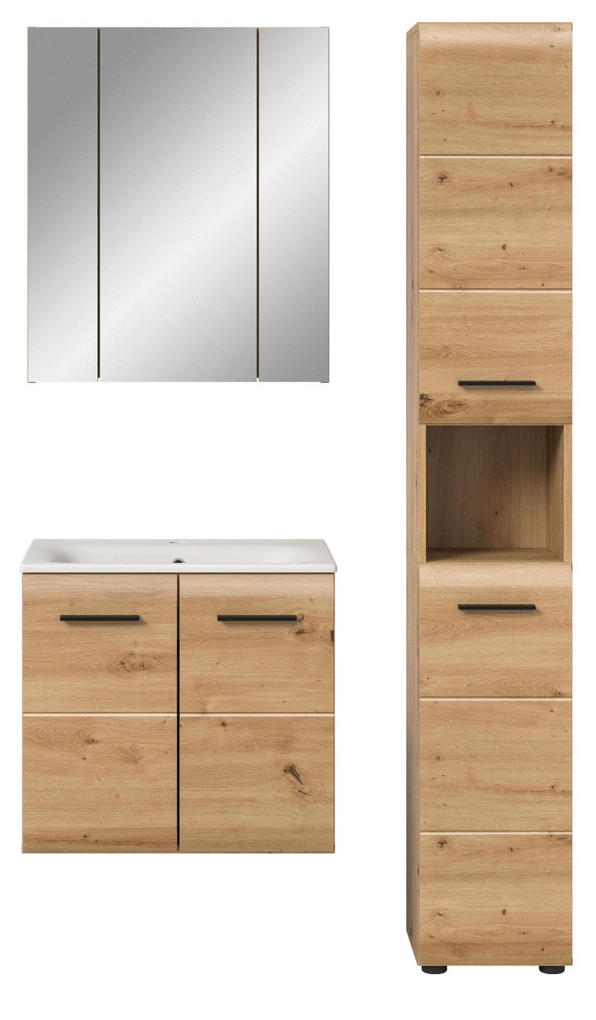 BADMÖBEL-SET 3-teilig Eiche Artisan, Badkombination 105 cm mit Waschbecken, Cover - Schwarz/Eiche Artisan, Glas/Keramik (105/185/46cm) - Inn.Furn