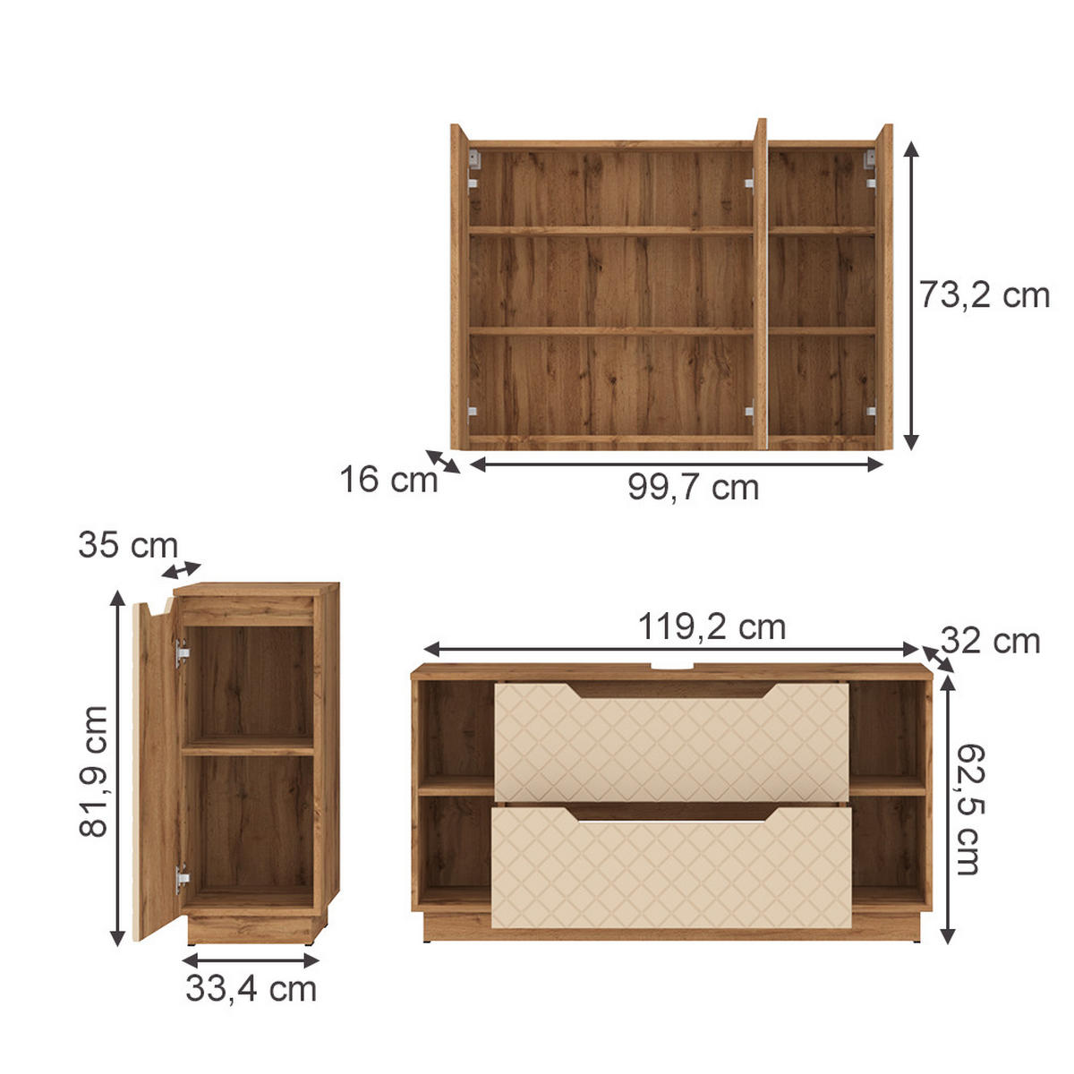 BADMÖBEL-SET Lotta Eiche/Kaschmir mit Kachelstruktur 3 Teile - Kaschmir/Eichefarben, Holzwerkstoff (119.2/62.5/35cm) - Vicco