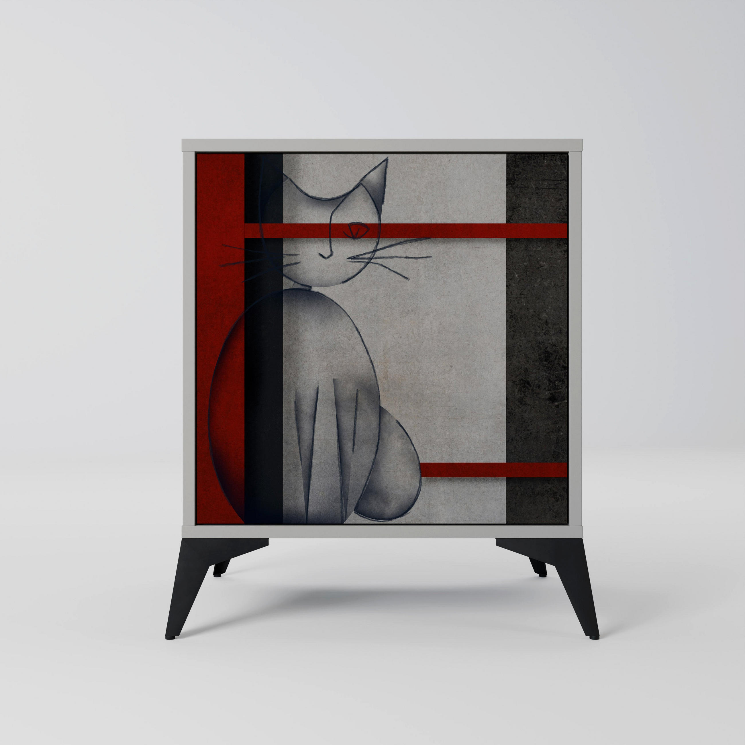 SIDEBOARD GRAY FIGURES, Grau, 57,5x42x70,5 cm, Schwarze Metall-Sternfüße - Multicolor/Schwarz, Holzwerkstoff/Metall (57.5/70.5/42cm) - SpaceRebels
