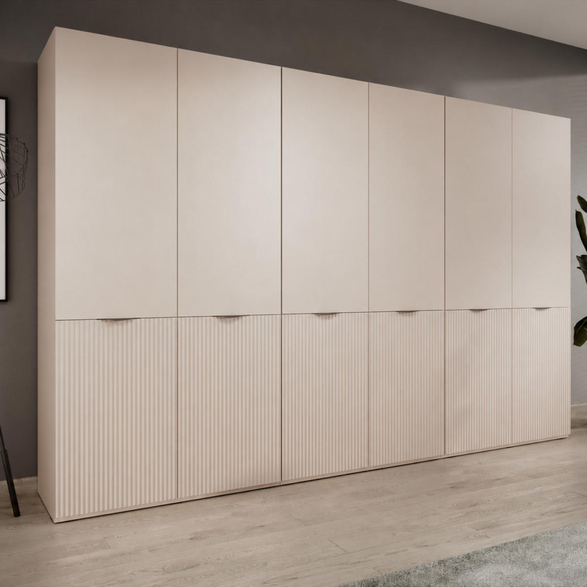KLEIDERSCHRANK ZEN (Modular, Beige Matt, Rillenfront, 6-türig) - Beige/Schwarz, Holz/Holzwerkstoff (303/200/51cm) - Ravio