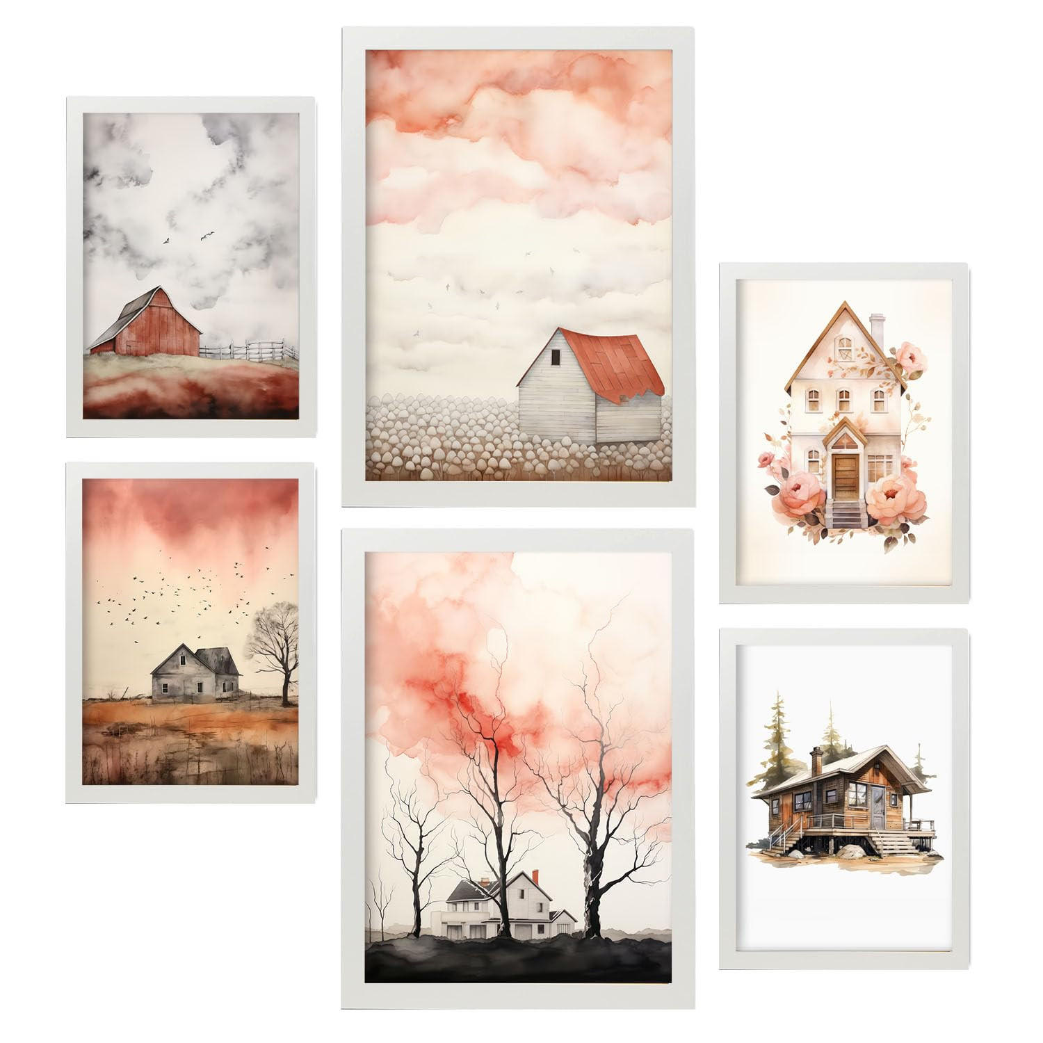 POSTER Set Mit 6 Haushaus A3 & A4 Weißer Rahmen - Weiß, Papier (29/3cm) - Nacnic