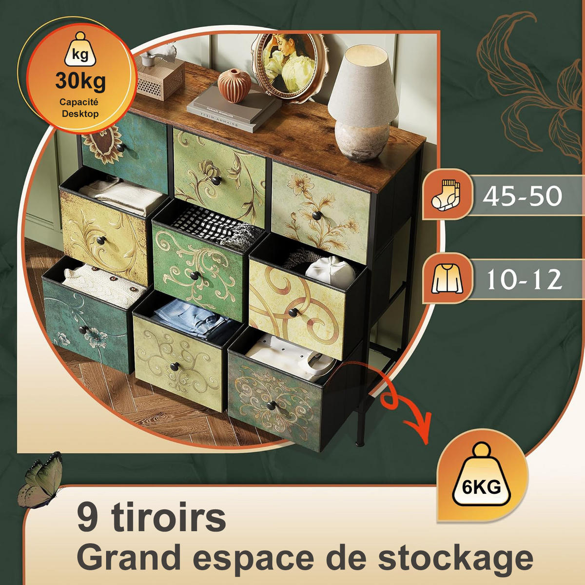 KOMMODE mit 9 Schubladen Metallgestell Stoff Kommode - Multicolor, Holz (30/86.5/100cm)