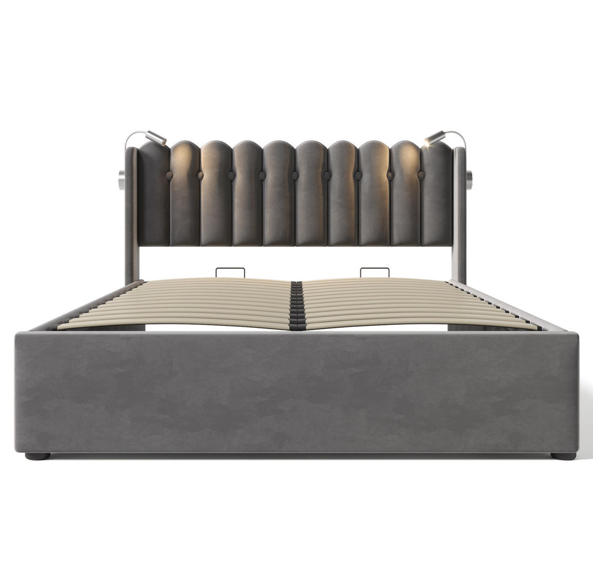 BETT mit Stauraum 140x200 cm Samt Grau mit USB und Leselicht - Grau, Metall (140/200cm) - Meubliv
