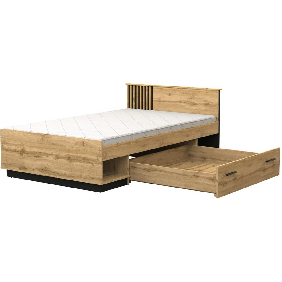 BETT Lamelo mit Bonnelmatratze & Schublade, 120x200 cm, mit Lamellen, Eiche Wotan - Eiche Wotan, Holzwerkstoff (120/200cm) - Beautysofa