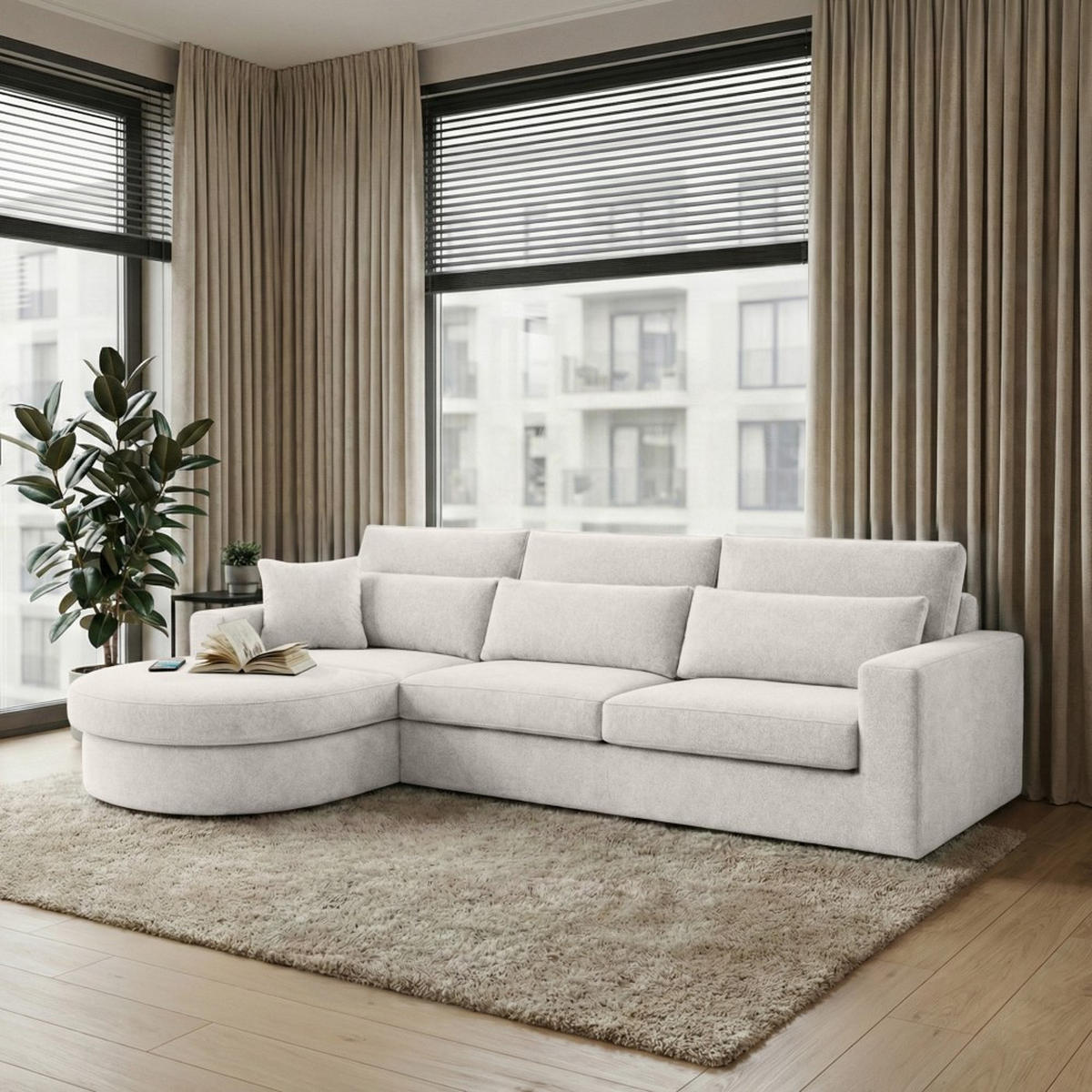 ECKSOFA Pablo ohne Schlaffunktion, mit abgerundeter Ottomane, links, Beige, Velourstoff - Weiß, Textil (319/196cm) - Beautysofa