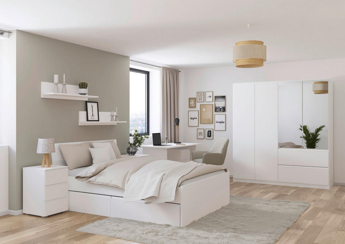 JUGENDZIMMER Joel in Weiß 5 teilig – mit 4türigem Kleiderschrank mit Spiegel, 140er Jugendbett, Nachttisch, Schreibtisch und Rollcontainer - Weiß, Holzwerkstoff (80/200/120cm)