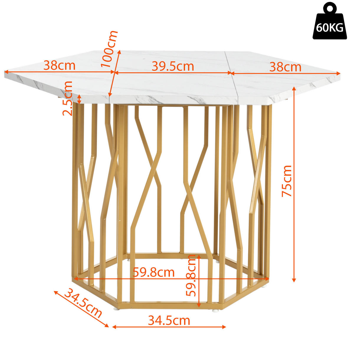JÍDELNÍ stůl 115,5/100/75 cm bílo-zlatý z MDF a oceli s mramorovým dekorem - bílá, kompozitní dřevo (100/115.5/75cm) - OKWISH