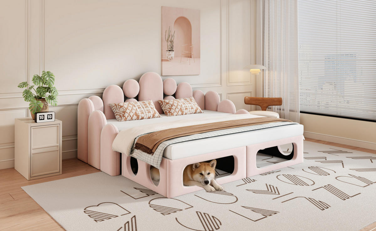 POLSTERBETT 180/200 cm Rosa aus Samt mit Haustierbett - Rosa, Textil (180/200cm) - OKMYHOME