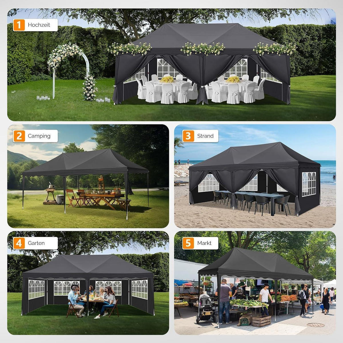 FALTPAVILLON 3 x 6 m Dunkelgrau mit Seitenwänden und Sandsäcken - Anthrazit, Textil (300/268/600cm)