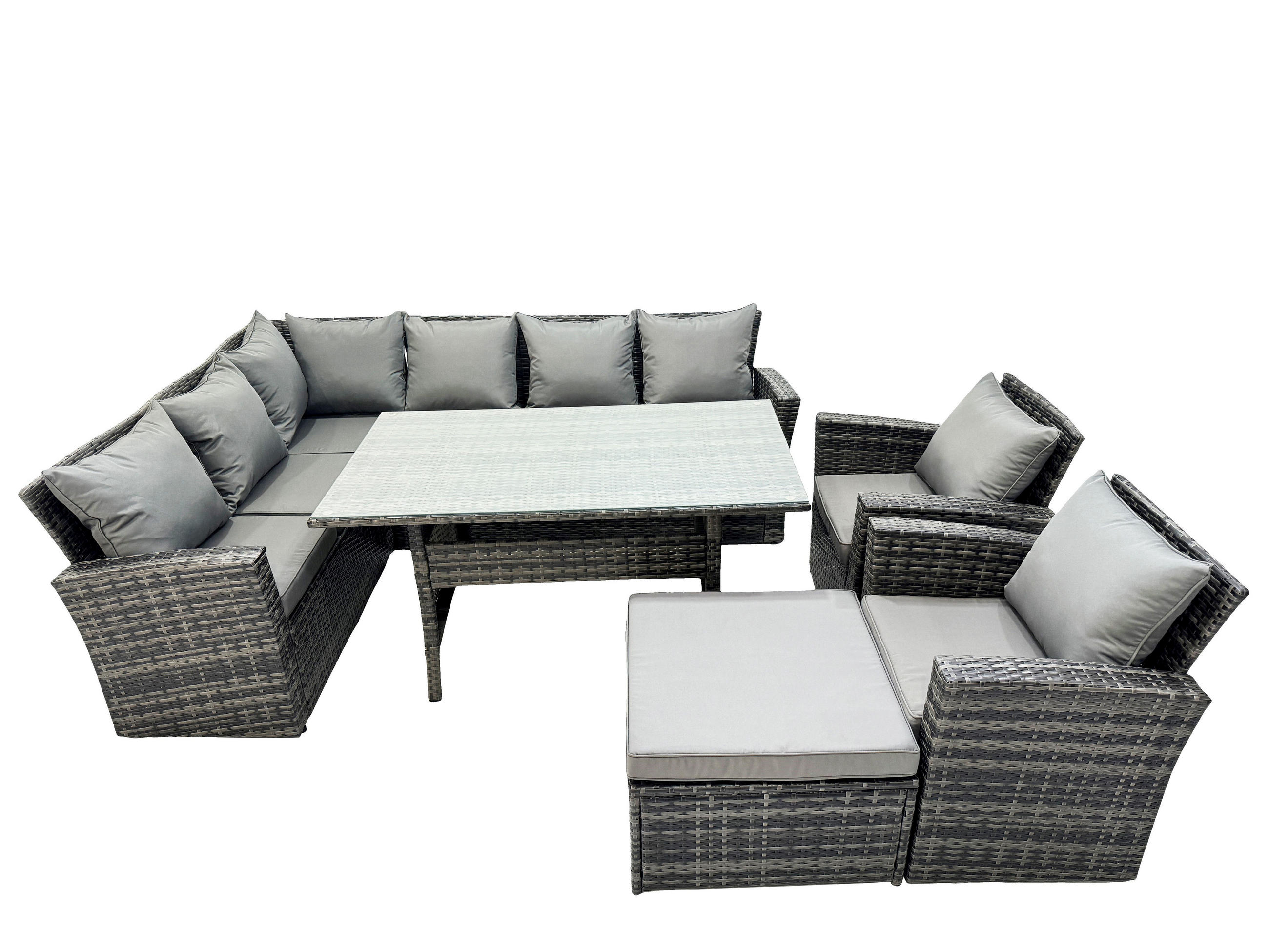 LOUNGEMÖBEL-SETS mit Esstisch Sofa Polyrattan Dunkelgrau 9-Sitzer - Dunkelgrau/Grau, Glas/Kunststoff - Fimous