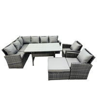 LOUNGEMÖBEL-SETS mit Esstisch Sofa Polyrattan Dunkelgrau 9-Sitzer - Dunkelgrau/Grau, Glas/Kunststoff - Fimous