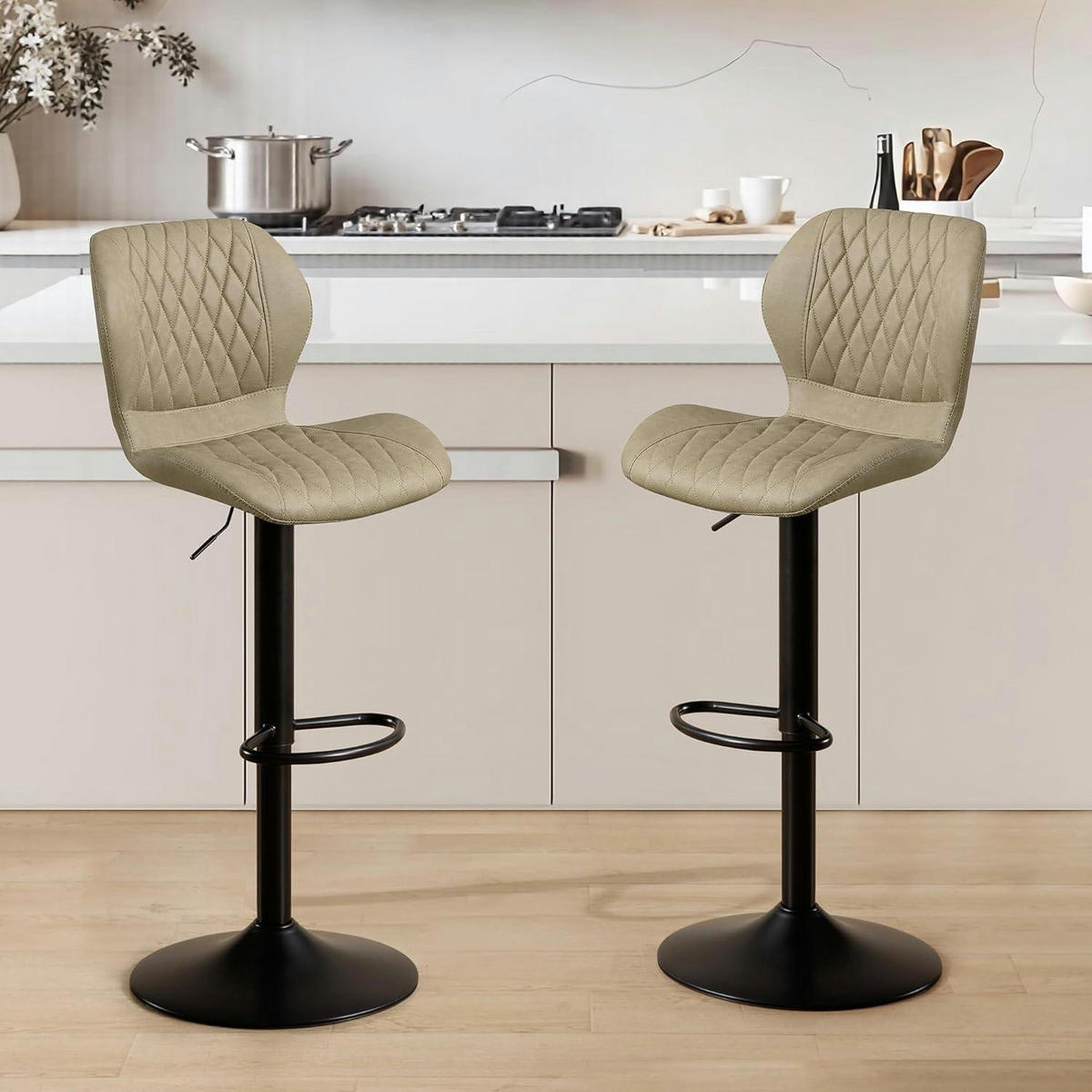 BARHOCKER mit Lehne, höhenverstellbar, PU-Kunstleder, Khaki - Beige, Kunststoff (46.5/111/38cm)