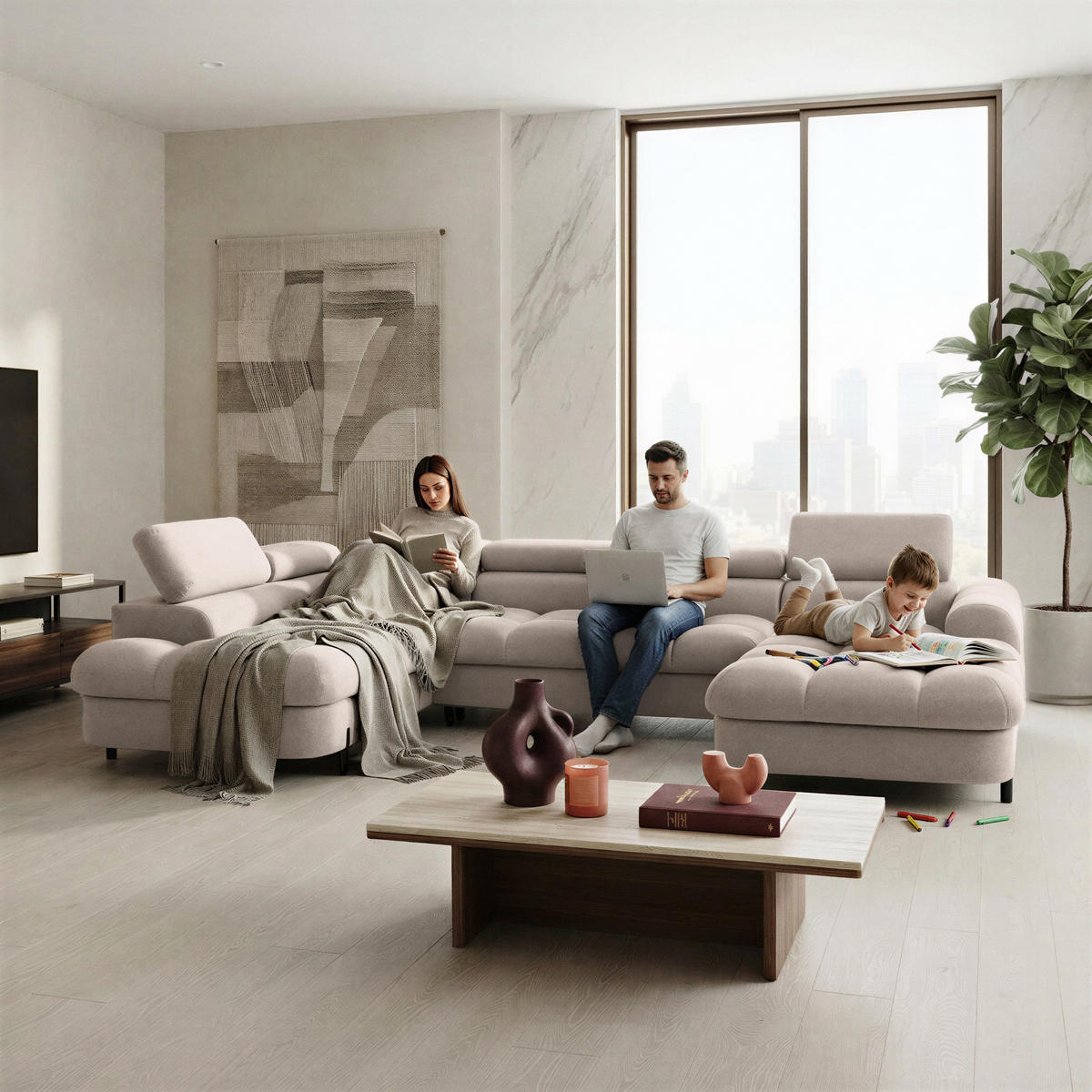 ECKSOFA U-Form BOWL U Links mit Schlaffunktion 125x265 Velours Beige - Beige/Schwarz, Holz/Textil (339/90/195cm) - Muffo