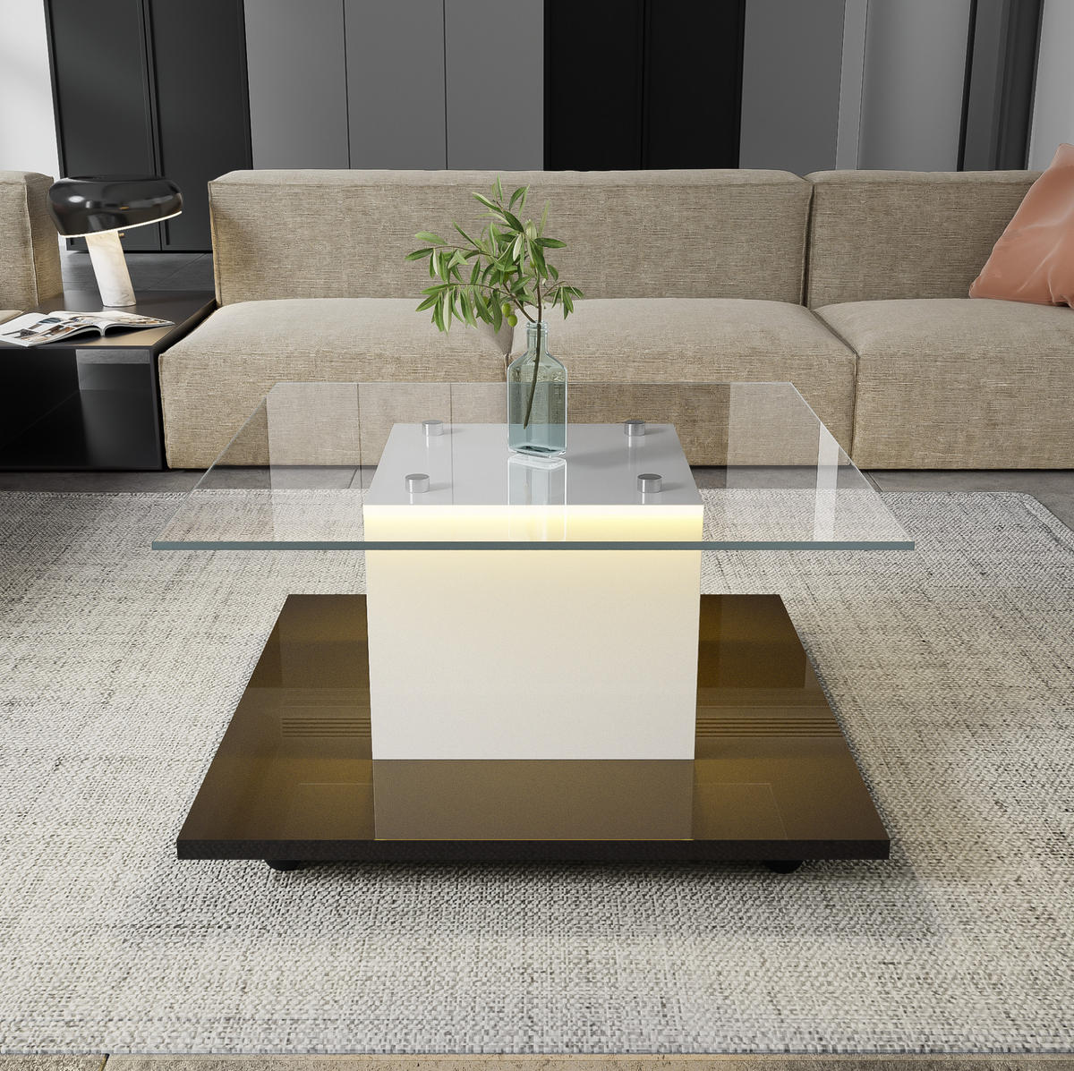 COUCHTISCH 80/80/40 cm in Weiß/Schwarz aus Spanplatte mit LED-Lichtband - Weiß, Holzwerkstoff (80/80/40cm) - OKMYHOME