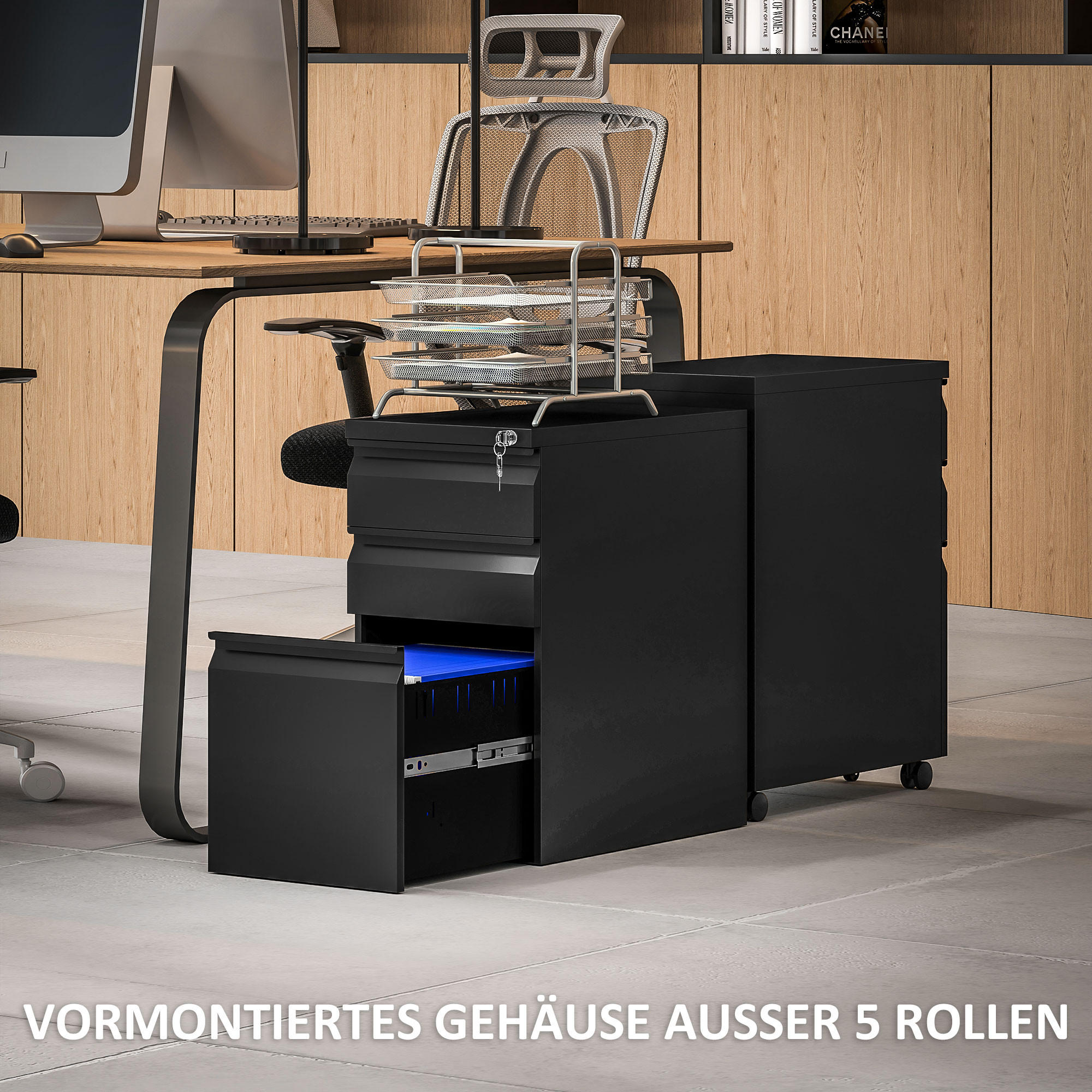 Vinsetto Mobiler Aktenschrank Mit 3 Schubladen & Rollen - Abschließbar, Für A4 Ordner, Ideal Fürs Homeoffice