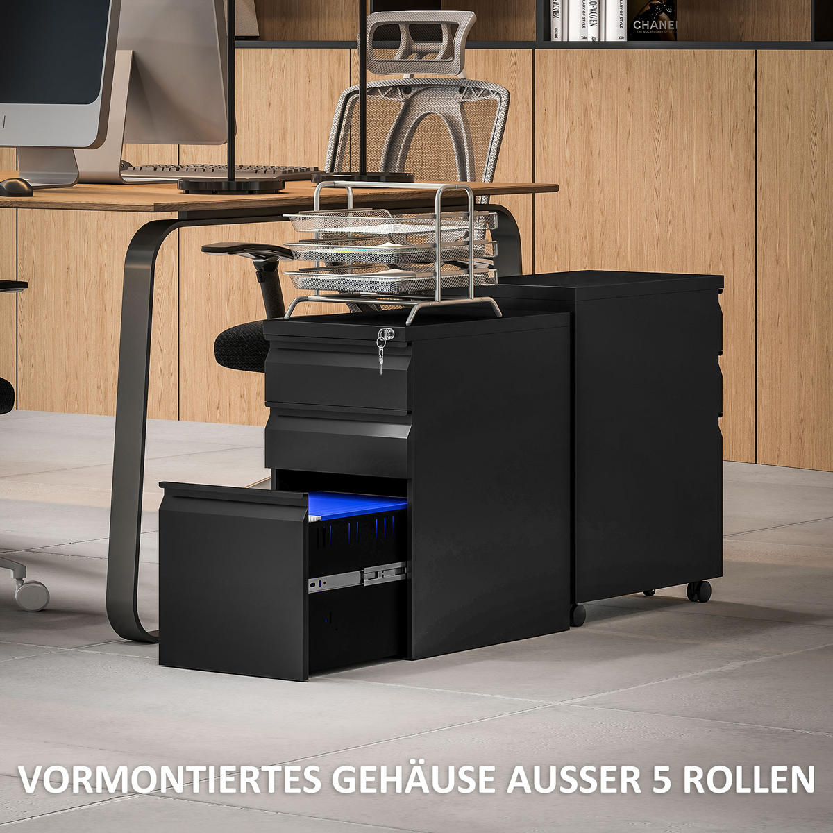 ROLLCONTAINER mit 3 Schubladen mobiler Aktenschrank mit Rollen abschließbar - Schwarz, Metall (30/60/43.5cm) - Vinsetto