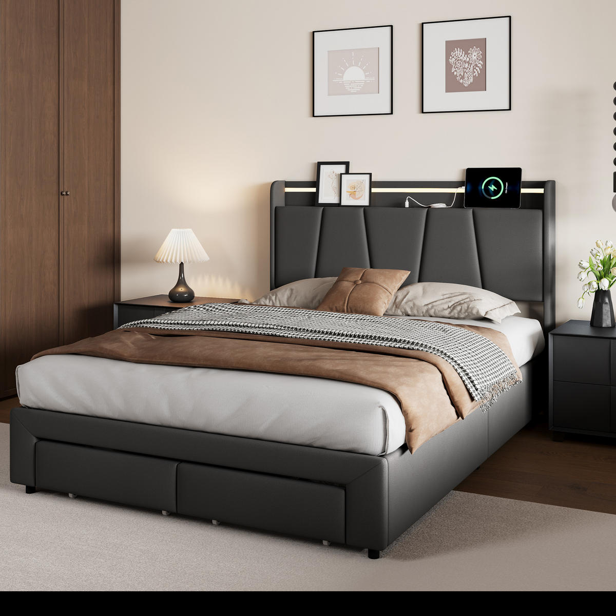 POLSTERBETT 160x200 cm, Bett mit LED-Beleuchtung, Grau Leinen - Schwarz, Metall (160/200cm)