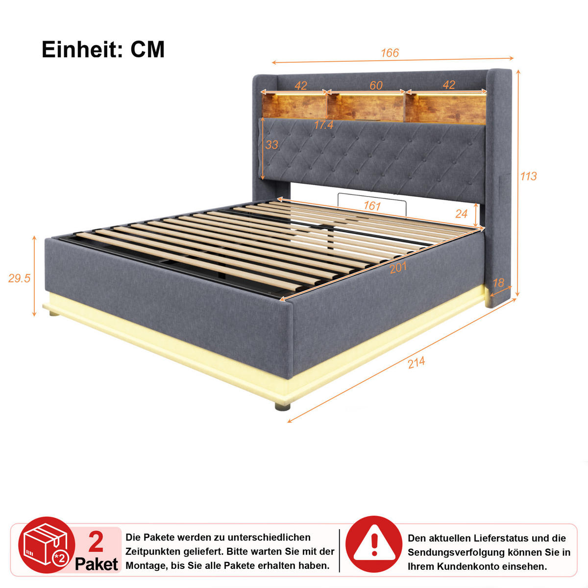POLSTERBETT 160/200 cm in Grau Leinen mit Bettkasten, LED und USB - Grau, Holzwerkstoff/Textil (160/200cm) - WISHDOR