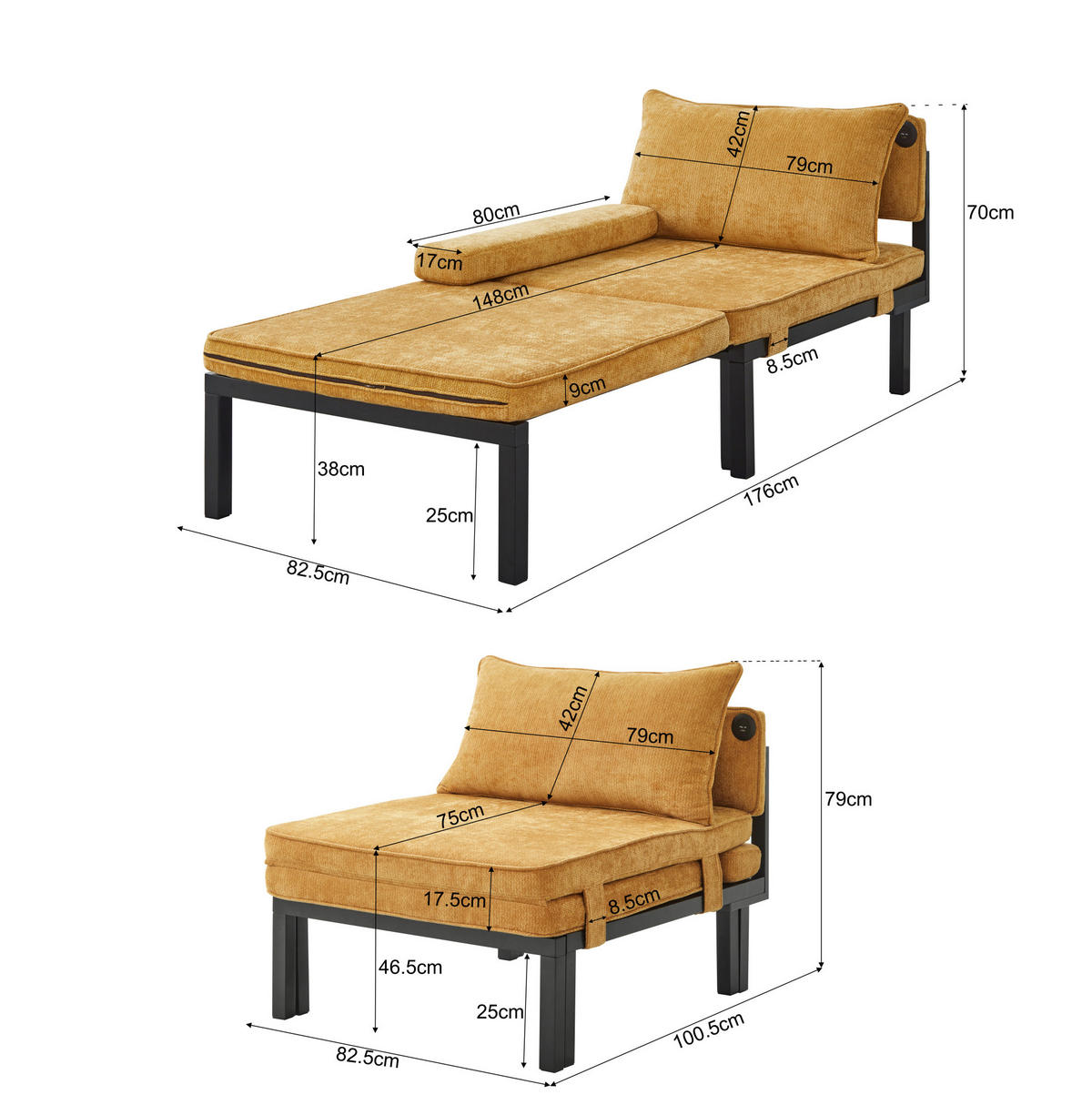 SCHLAFSESSEL mit Schlaffunktion, USB- und Type-C-Anschluss, platzsparendes 2-in-1-Design, Gelb - Gelb, Textil (82/79/176cm) - Redom