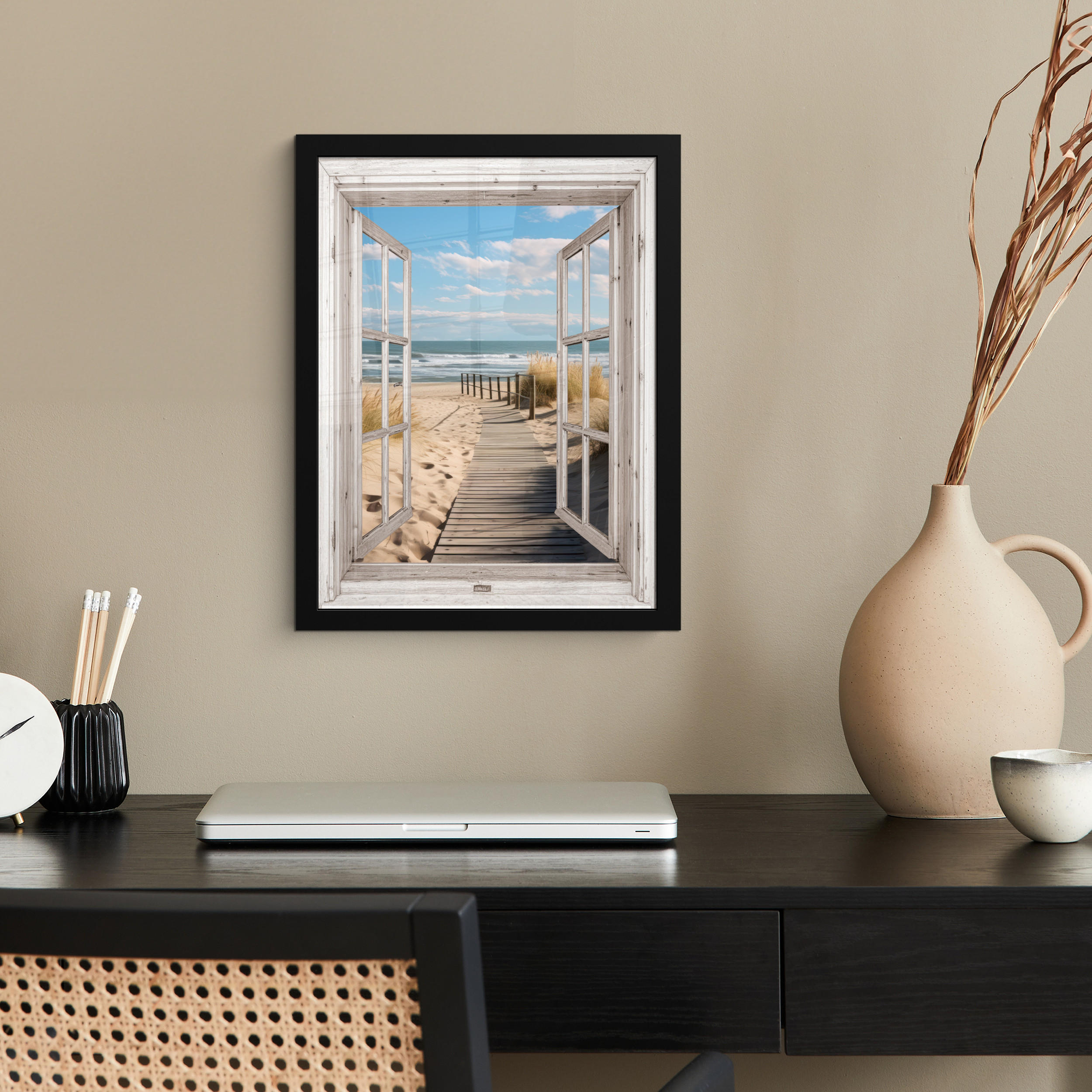 GERAHMTES BILD Fenster - Meer - Küste - Natur - Ausblick - Strand - Wattenmeer 30x40 cm - Beige, Papier (30/40cm) - MuchoWow