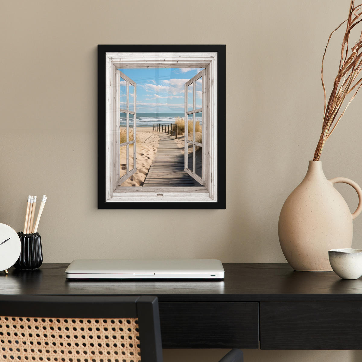 GERAHMTES BILD Fenster - Meer - Küste - Natur - Ausblick - Strand - Wattenmeer 30x40 cm - Beige, Papier (30/40cm) - MuchoWow