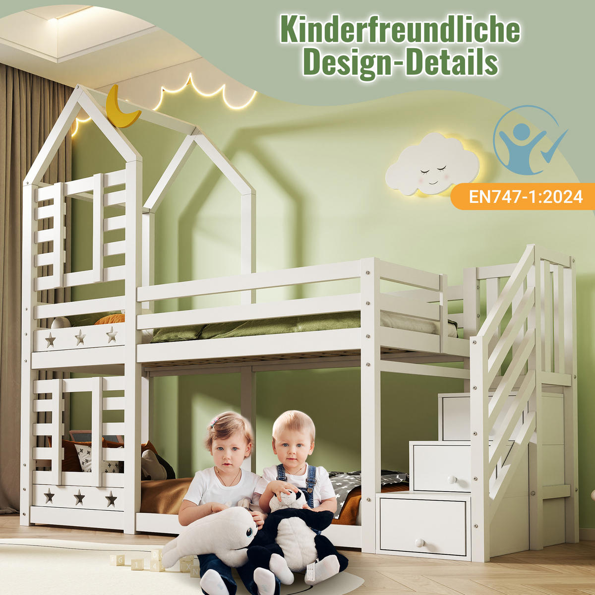 ETAGENBETT 90/200 cm & 90/200 cm in Weiß mit 2 Schubladen, Treppe und Rausfallschutz Hausbett - Weiß, Holzwerkstoff (90/200cm) - STILVORA