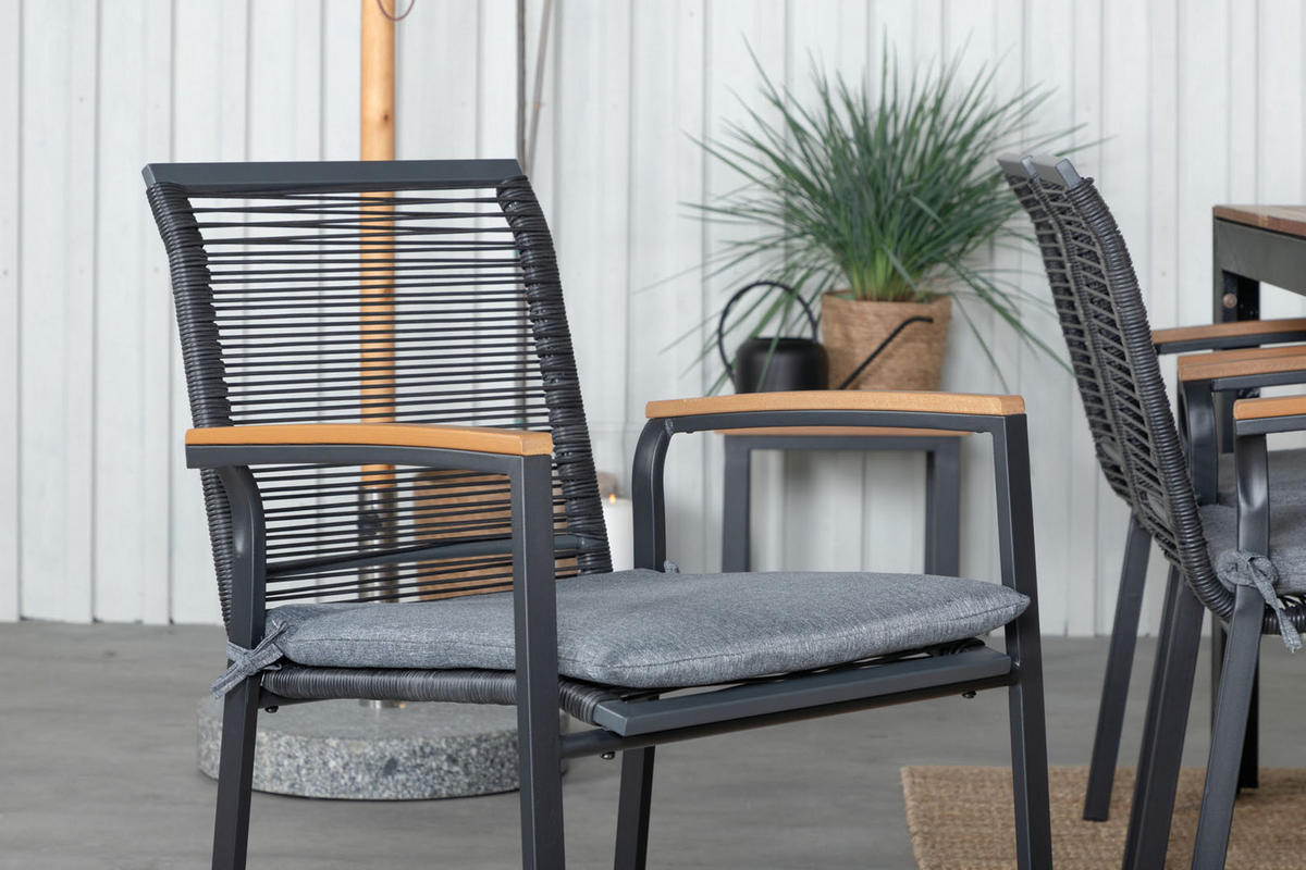 GARTENTISCHGRUPPE, Bois, Tisch Schwarz, Stühle Natur, Metall, 90 x 205 x 76 cm, 7-teilig - Schwarz, Metall - ebuy24