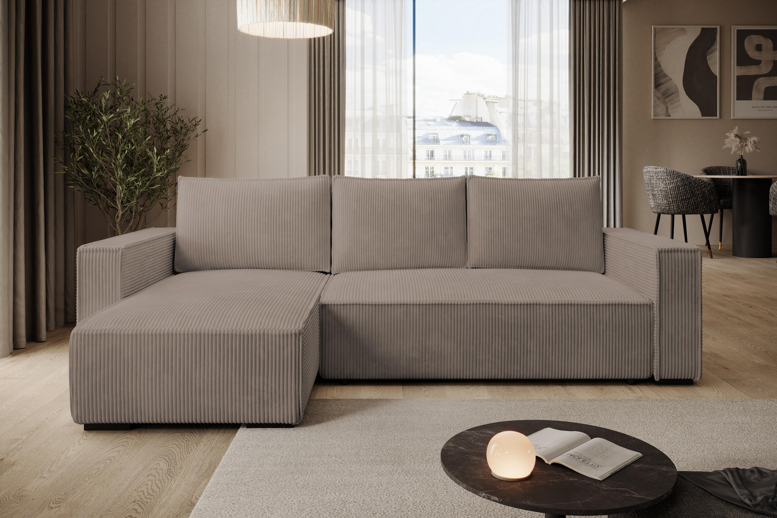 ECKSOFA CUDDY L, Eckcouch in L-Form mit Schlaffunktion und Bettkasten, Farbe: Braun, Cordstoff, Ottomane Links - Braun, Textil (240/140cm) - Storez24