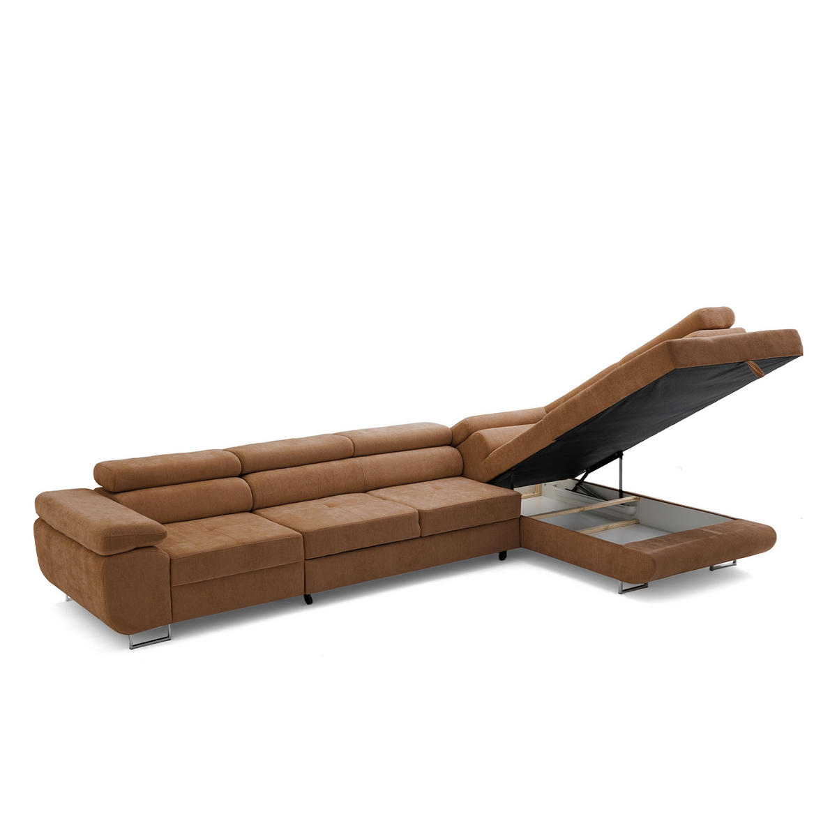 ECKSOFA WILD MAXI L Rechts mit Schlaffunktion 125x195 Chenille Braun - Chromfarben/Braun, Holz/Textil (350/203cm) - Muffo
