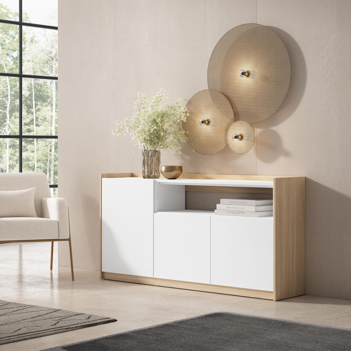 SIDEBOARD, Highboard, Weiß und Eiche Soft, 156/37/80cm - Weiß, Holzwerkstoff (156/80/37cm) - Skraut Home