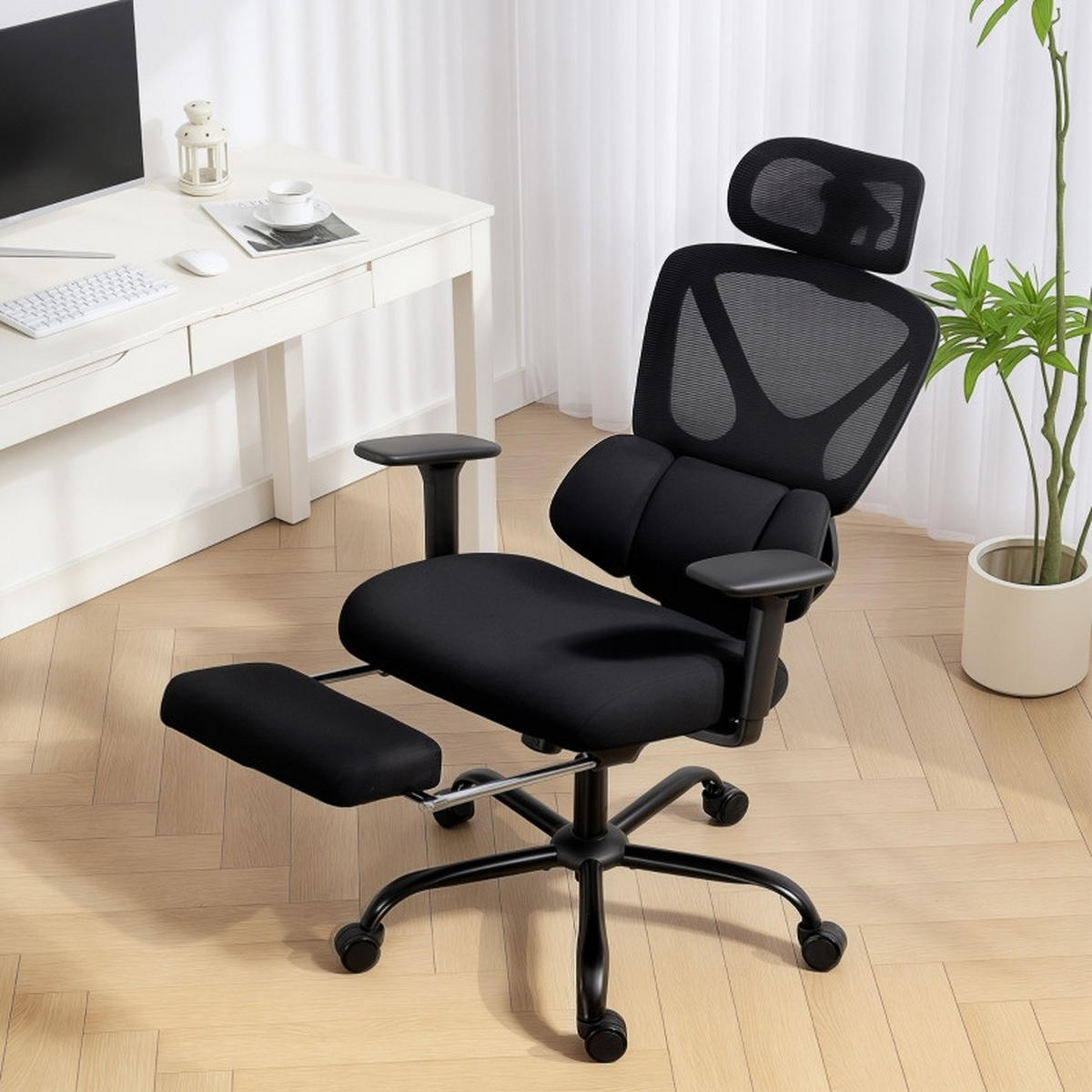 ERGONOMICKÁ kancelárska stolička čierna s opierkou hlavy, bedrovou oporou a výsuvnou podnožkou z plastu - čierna, plast (73/128/75cm) - OKWISH