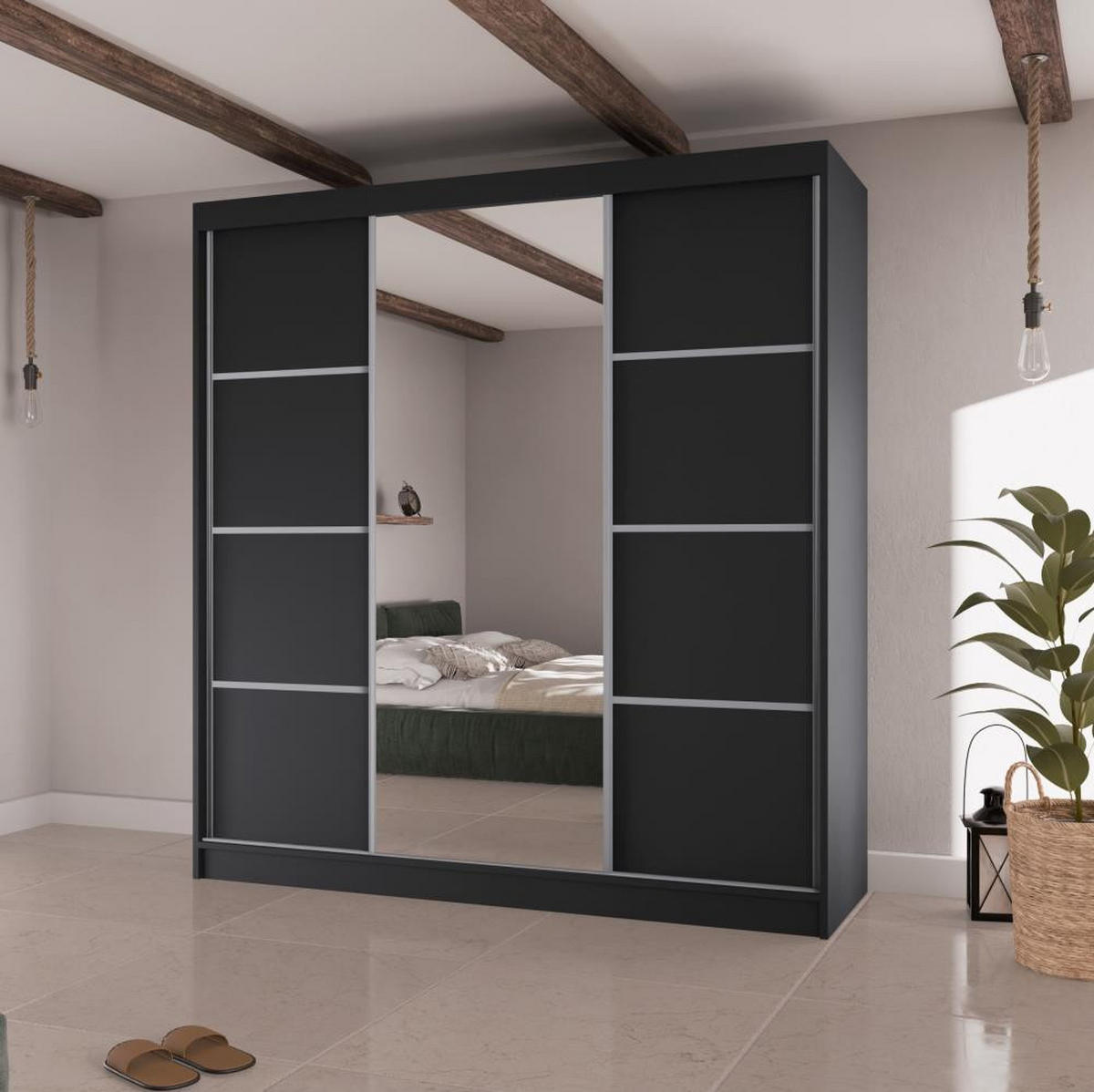 SCHWEBETÜRENSCHRANK Vilo II 200/61/215 schwarz+silber - Silberfarben/Schwarz, Holzwerkstoff (200/215/61cm) - Beautysofa