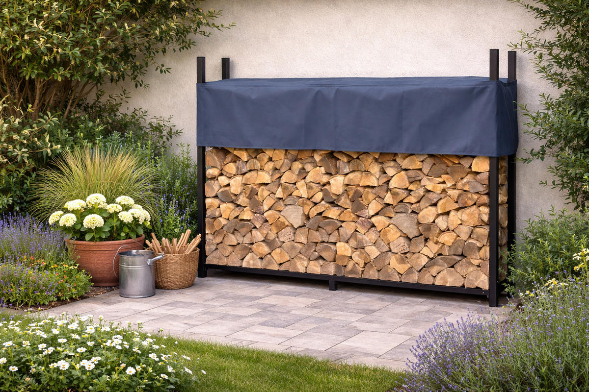 KAMINHOLZREGAL Außen 200/25/115 cm Metall Anthrazit mit Schutzhülle Grau 0,8 m³ / 1,3 SRM - Anthrazit, Metall (200/115/25cm) - QUICK STAR