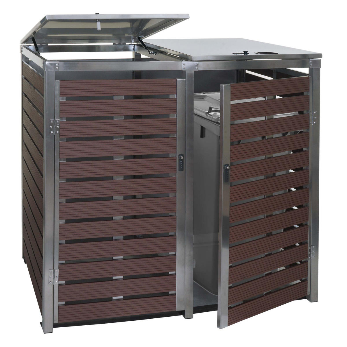 MÜLLTONNENBOX 2er HxBxT 119x134x84cm Walnuss-Holzoptik WPC Edelstahl 78kg - Braun, Metall (134/119/84cm) - PROREGAL