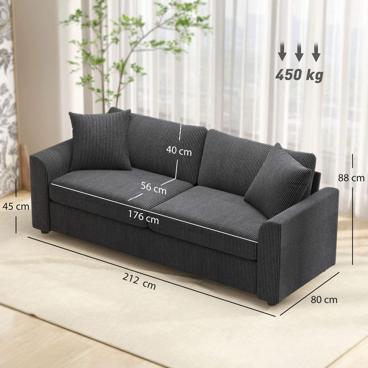 3-SITZER-SOFA, Couch mit Armlehnen, Zierkissen, Polstersofa mit Cordbezug, Grau - Dunkelgrau/Schwarz, Kunststoff/Textil (80/88/212cm) - HOMCOM