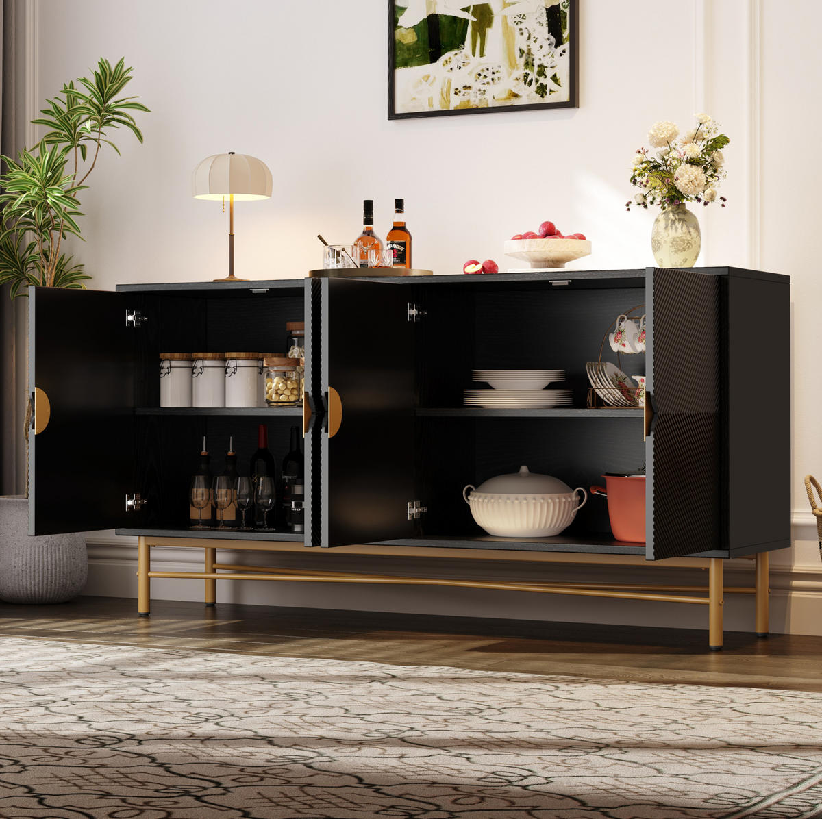 SIDEBOARD 160/40/82 cm Schwarz aus MDF und Spanplatte mit 4 Türen, Soft-Close und Goldakzenten - Schwarz, Holzwerkstoff (40/82/160cm) - OKWISH