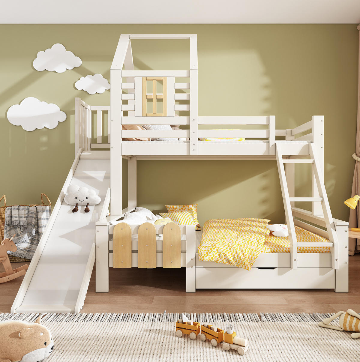 HAUSBETT 90/200 & 140/200 cm mit Rutsche, Schublade und Leiter - Weiß, Metall (90/200cm) - Flora Grace