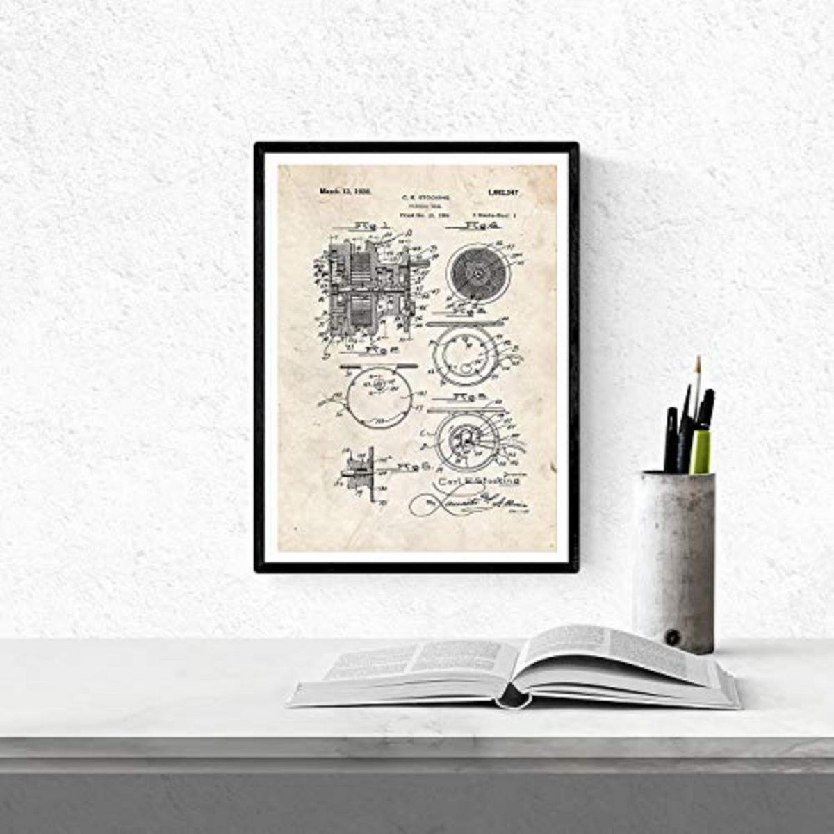 POSTER Set mit 4 Angelrute Patent A3 Schwarzer Rahmen - Schwarz, Papier (29.7/3cm) - Nacnic